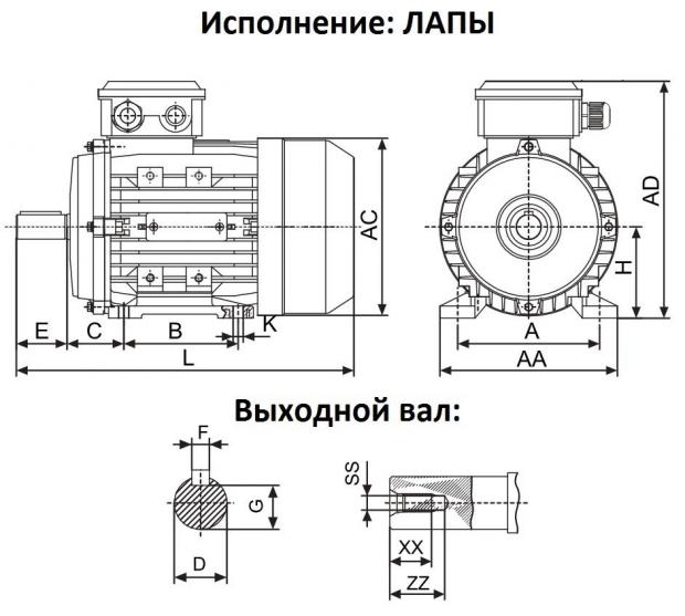 Размеры электродвигателя VELA лапы B3